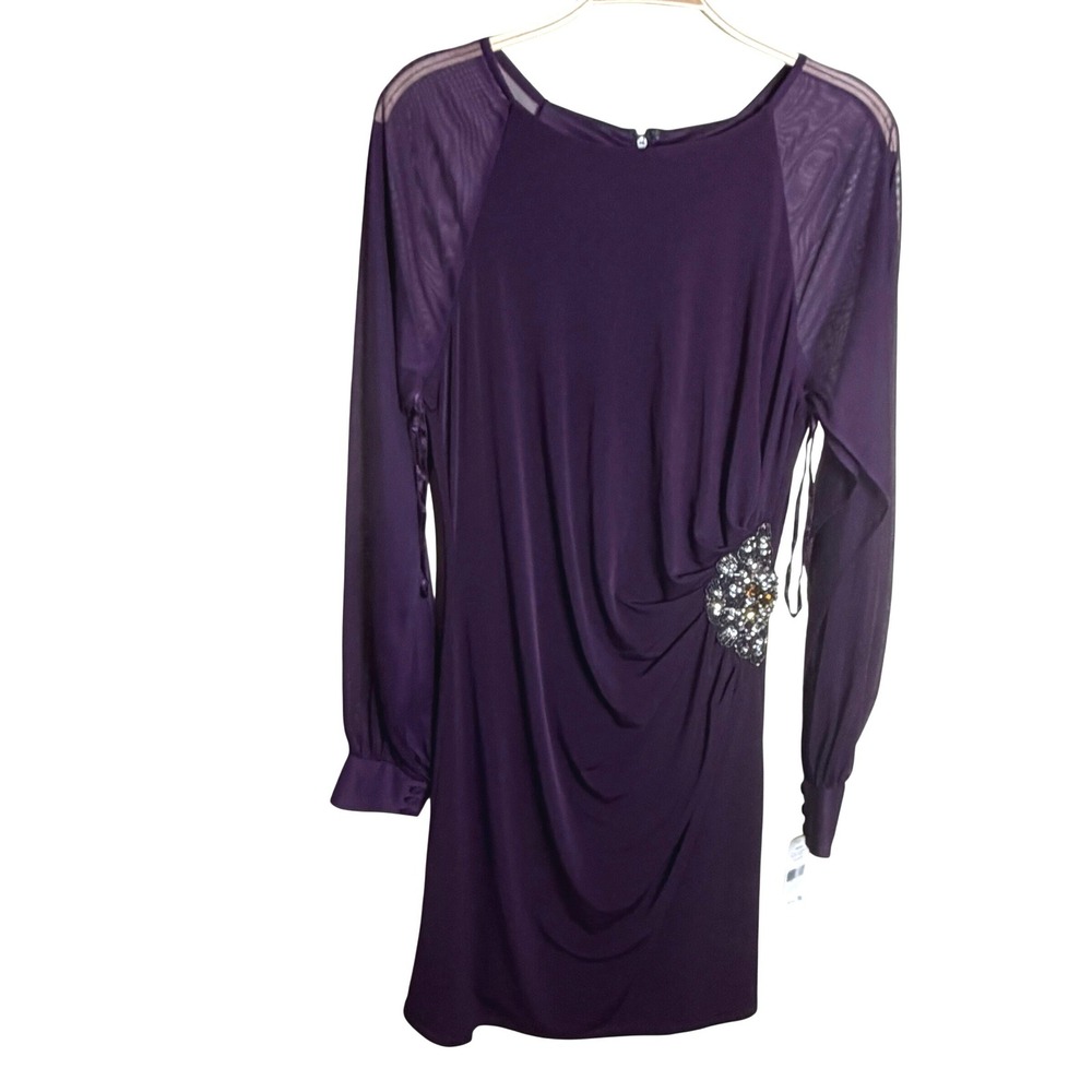 Eliza J Eggplant Purple Beaded Side Wrap Dress Mesh Long Sleeve EJ3M5452 Size 10